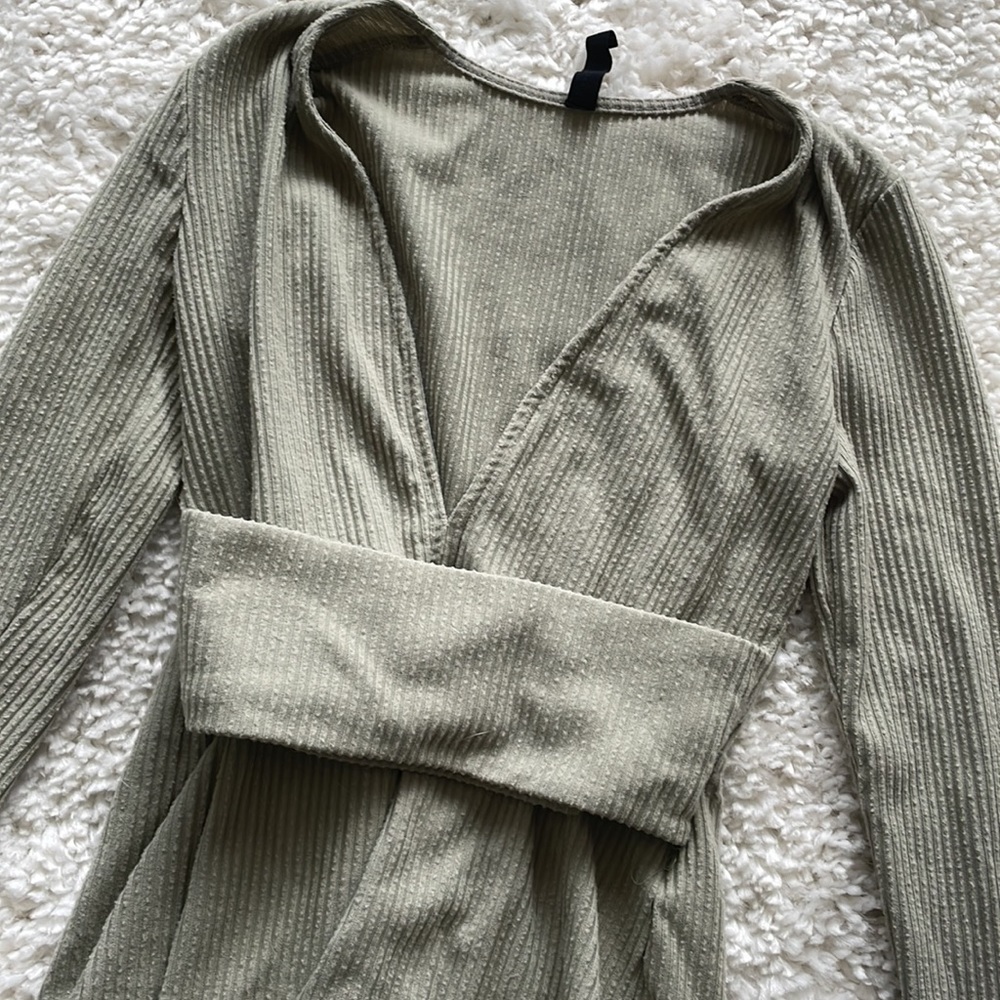 Urban Outfitters Ribbed Long Sleeve Jumpsuit in Olive - Picture 2 of 5